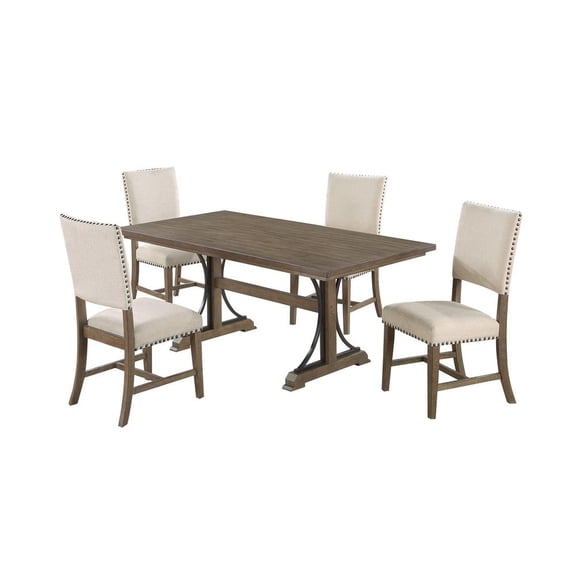 5pc Brown Oak Wood Dining Set with 4 Beige Linen Upholstered Chairs