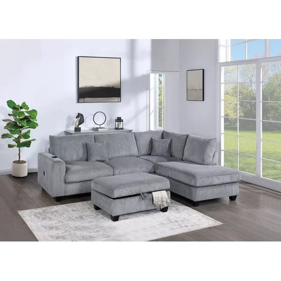 Fog Corduroy Upholstered 3pc Sectional Sofa Living Room Set Modern LAF Sofa RAF Chaise Ottoman Plush Couch w Pillows