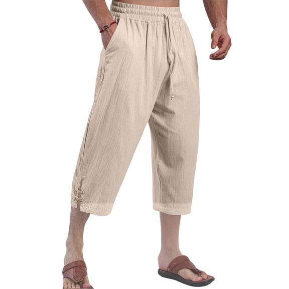 Garbnen Men’s Linen Pants Wide Leg Drawstring Baggy 3/4 Pants Men Beach Spring Summer Loose Fit Men's Pants Casual with Pockets