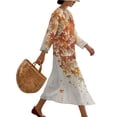 thumbnail image 3 of DISNIMO Maple Leaf Printed Women's Linen Style Maxi Dresses Casual Loose Dress 3/4 Sleeve Midi Dresses Lightweight V Neck Dresses for Women, M, 3 of 6