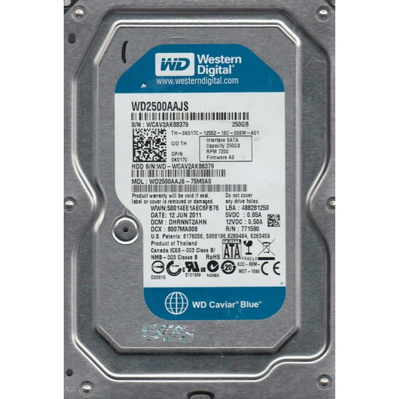 WD2500AAJS-75M0A0, DCM DHRNNT2AHN, Western Digital 250GB SATA 3.5 Hard Drive