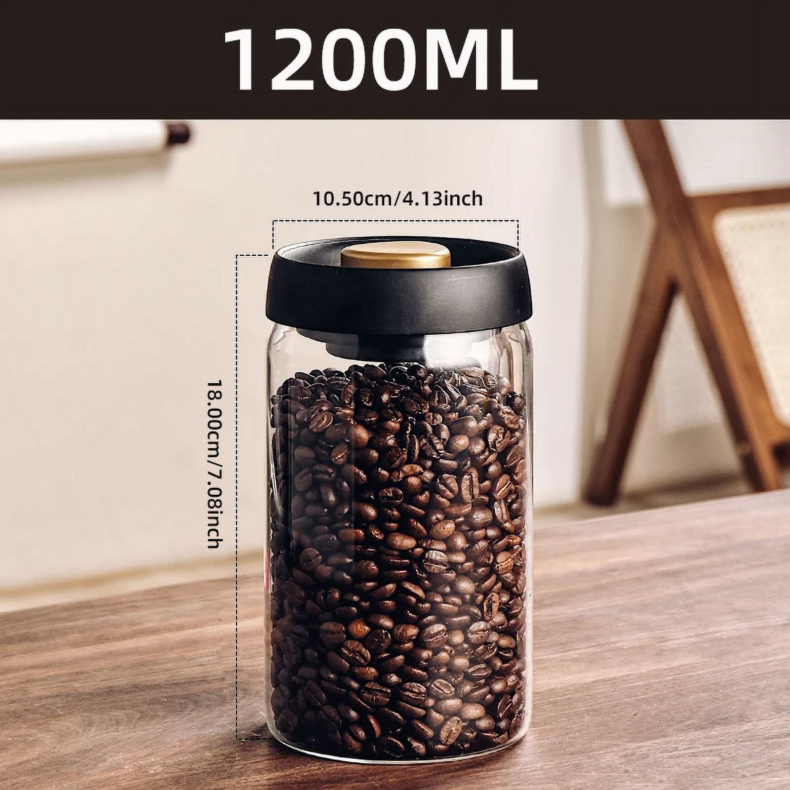 Vacuum Glass Jar with Airtight Lid ,1PC Food Saver Sealer Attachment Storage Container for Coffee Beans Oats Spice and Sugar (18oz/1200ml)