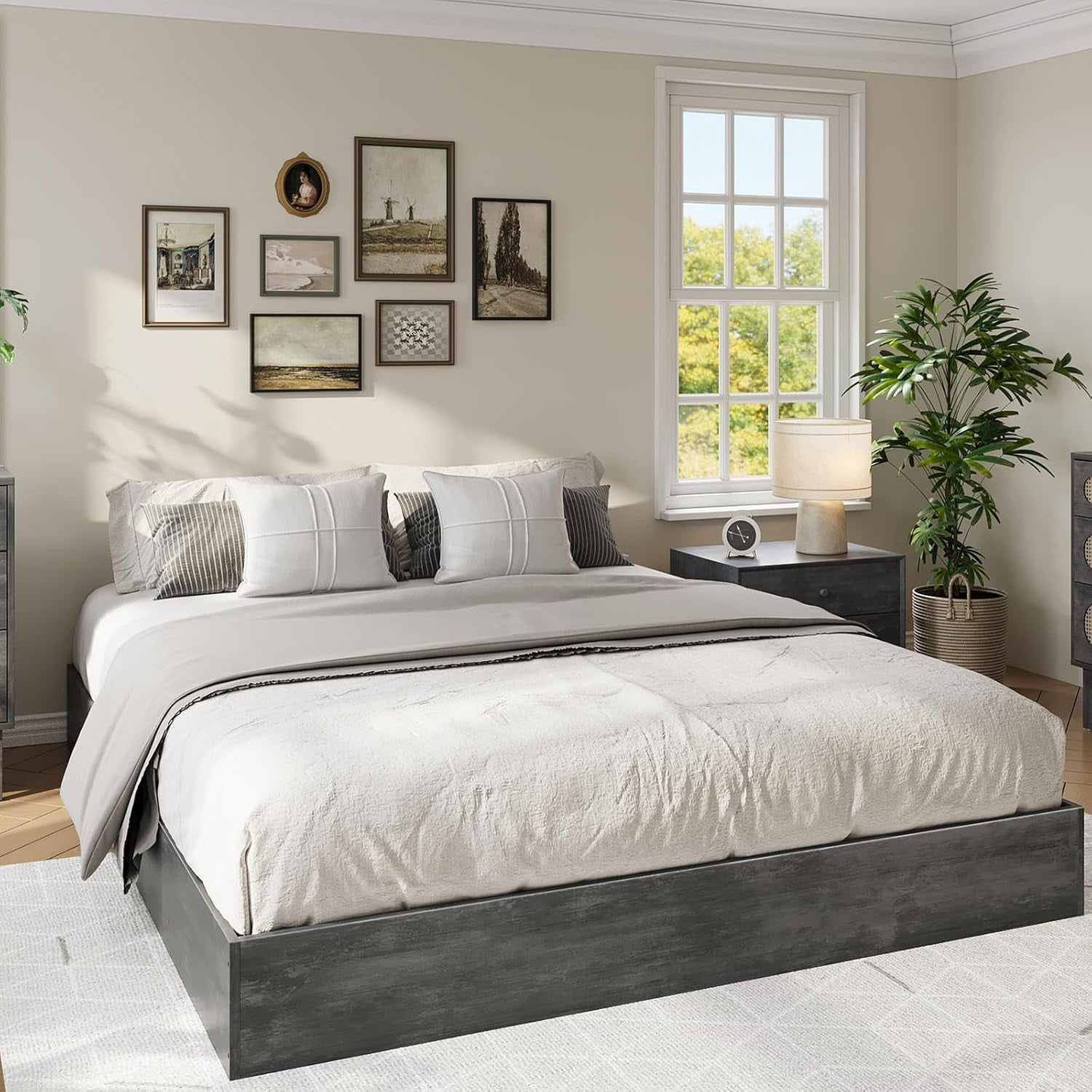 GarveeHome Twin-XL Size Wood Platform Bed Frame, Solid Wood, No Headboard, Floor-Standing, Sturdy Slat Support, No Box Spring Needed, Charcoal Grey