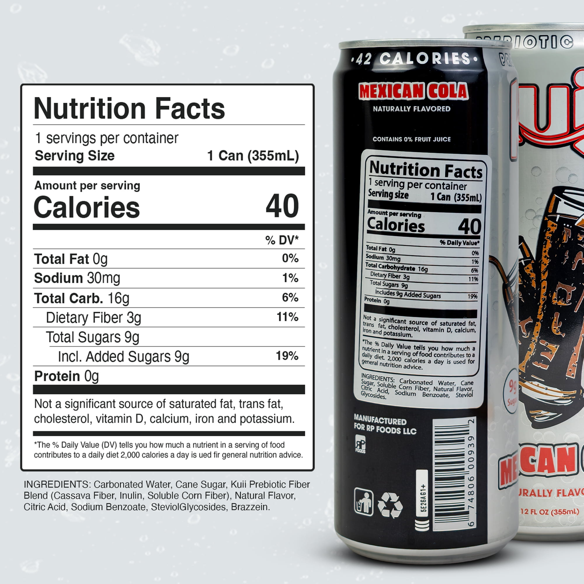 Kuii Prebiotic Soda, 12 fl oz, Single Aluminum Can, Mexican Cola