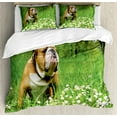 thumbnail image 1 of English Bulldog Queen Size Duvet Cover Set, Park in Spring with Blooming Daisies and Trees and Bulldog, Decorative 3 Piece Bedding Set with 2 Pillow Shams, Fern Green Brown White, by Ambesonne, 1 of 3