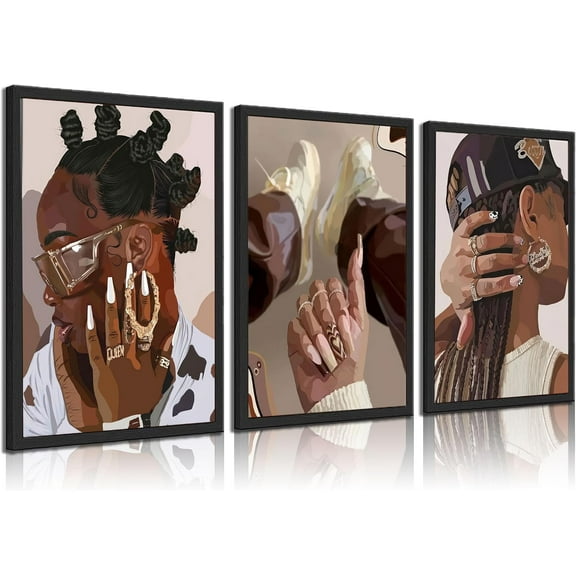 3Pcs d African American Black Woman Canvas Wall Art Fashion Black Girl Wall Decor Pictures Hip Hop Sunglasses Jewelry Posters Prints Paintings for Home Living Room Bedroom Bathroom Decoration