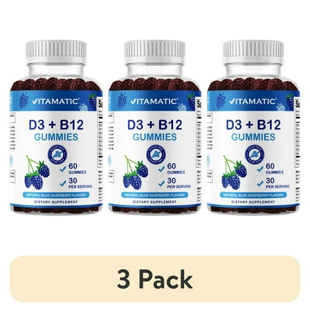 (3 pack) Vitamatic Vitamin D3   B12 Gummies – Natural Blue Raspberry Flavor – 60 Gummies – with Folate & Vitamin B6 – Made in The USA
