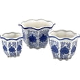 thumbnail image 3 of Galt International Blue & White Floral Porcelain Ceramic Decorative Flower Pot 8"/6"/4.5" Garden Pots Chinese Asian Design - Set of 3 Cylinder Fluted Edge, 3 of 15