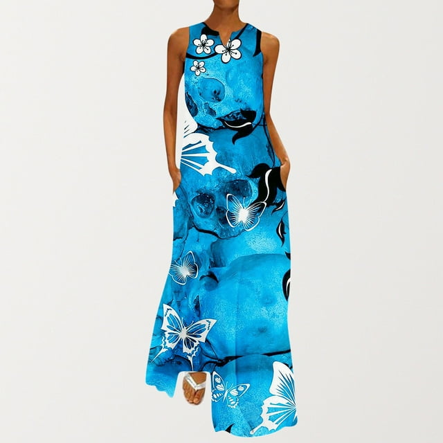 SMihono Robe Maxi Bohème d'Été pour Femmes Grande Taille Mode d'Été Imprimée Col en V Sans Manches Robe à Enfiler avec Poches Robe de Plage