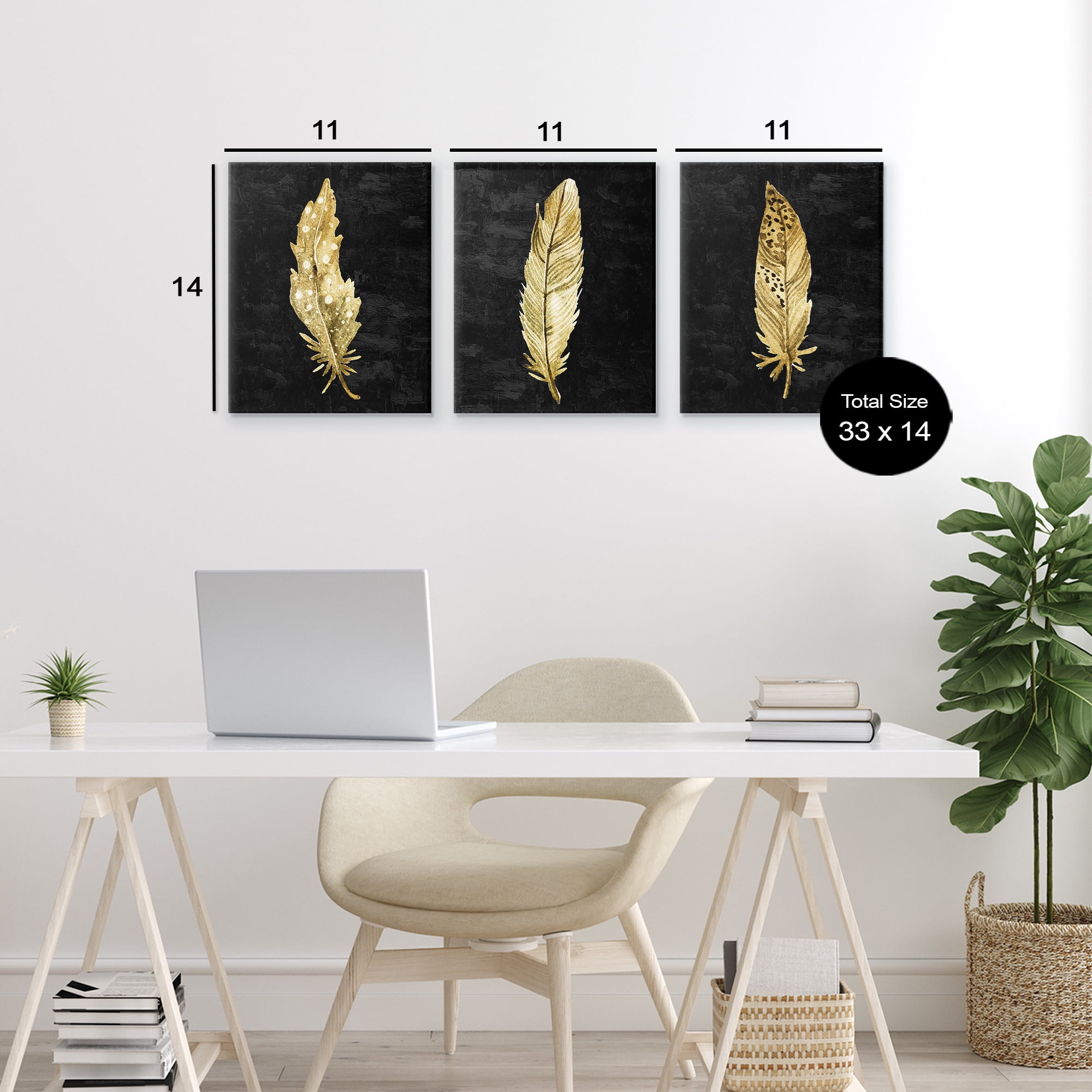 Black & Gold Feathers 3 Piece Canvas Wall Art Set, design by Kim Allen