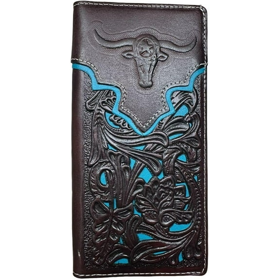 Western Stakes Leather Long Wallet Floral Embossed Longhorn Soft Leather Checkbook Style Cowboy Hand Crafted High End Mens Wallets Leather Rodeo Bi Fold Tooled Leather Gifts For Men (Coffee & Teal)