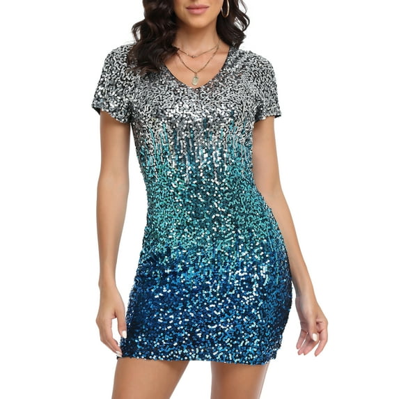 PrettyGuide Women's Sparkly Sequin Dress Sexy V Neck Short Sleeve Mini Cocktail Club Bodycon Homecoming Dresses