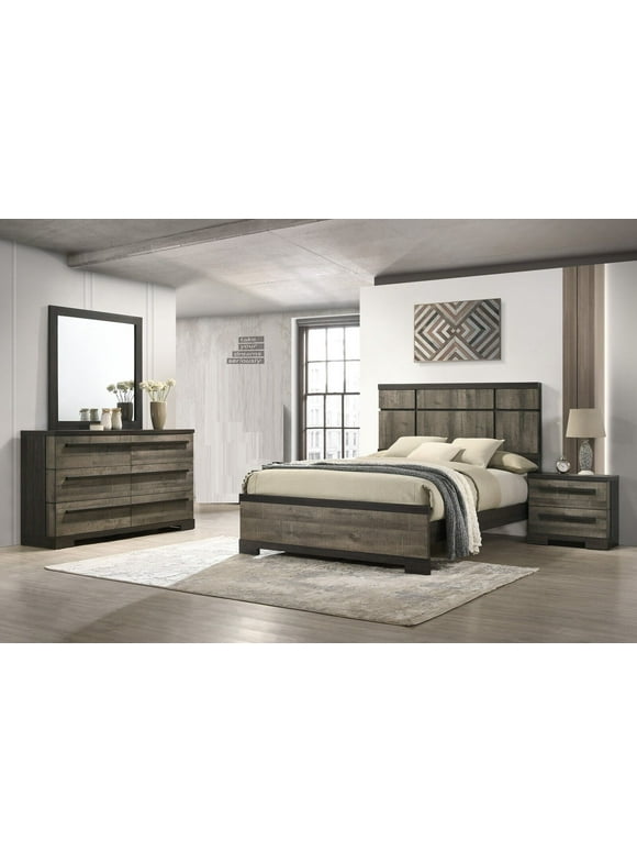 4pc Contemporary Queen Size Panel Bed Set Brown/Gray Finish Unique Wooden Bedroom Furniture