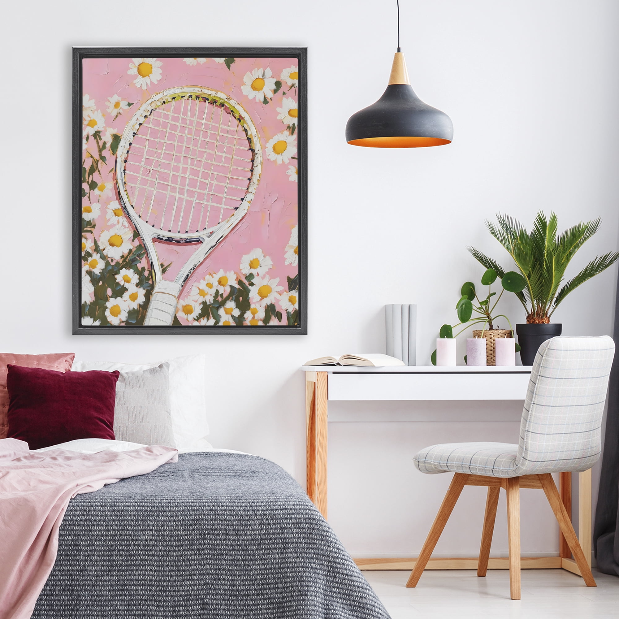 Stupell Industries Pink Tennis Racket & Daisies Black Framed Floater Canvas Wall Art, design by LSR Design Studio