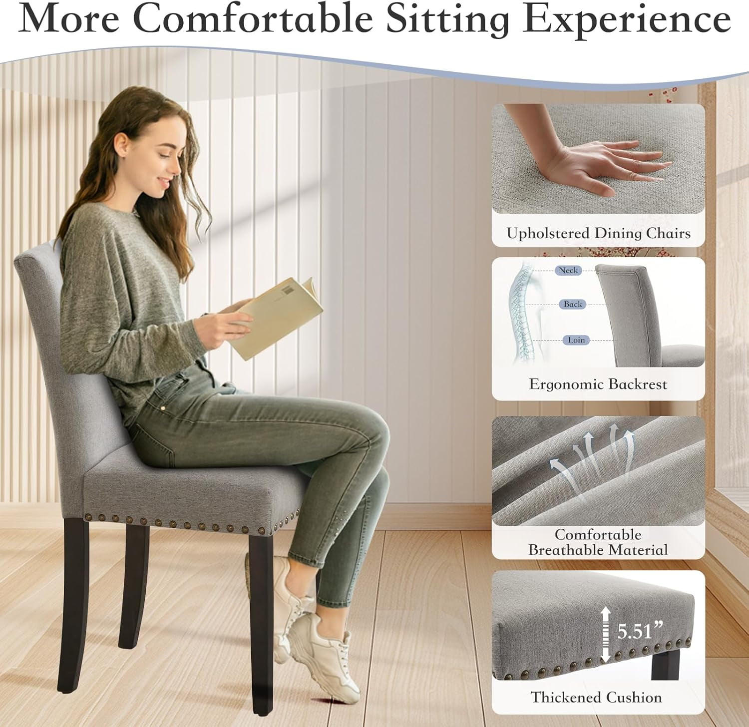 Dining Chair Sets of 2 Upholstered High Back Dining Chair Armless Kitchen Chair Sets Fabric Diner Room Chair with Nailhead Trim/Wood Legs and Padded Cushion Modern Banquet Chairs, Grey