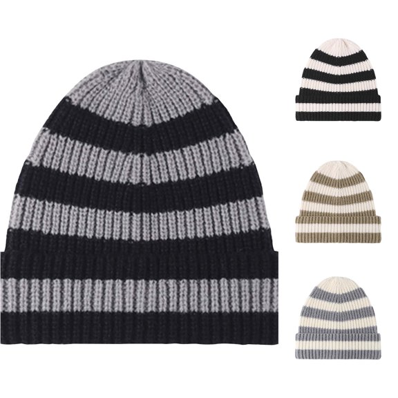 XIAOCHA Women’S Stripe‑Knit Beanie Printed Hats Casual Fall‑Winter Bonnet,Grey