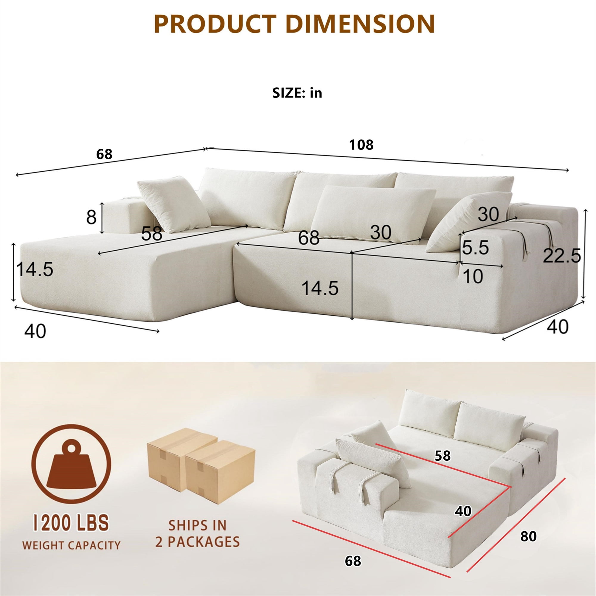Aukfa 108" Modular Sectional Couch, Deep Seat Cloud Sofa with 6 Pillows, No Assembly, Left Chaise, Beige