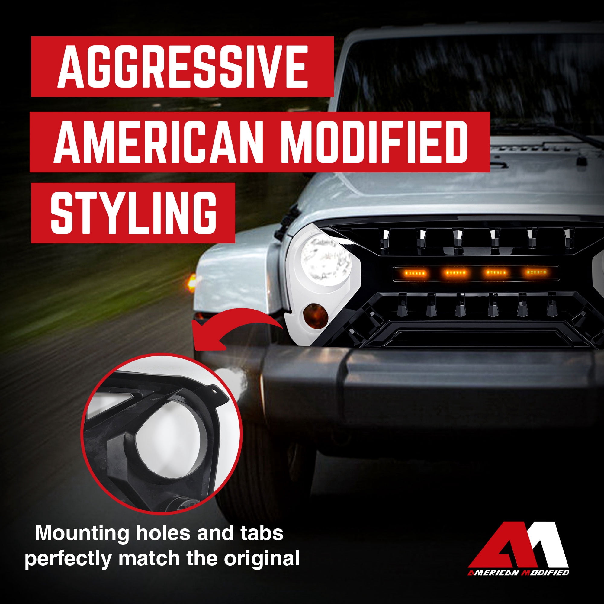 AMERICAN MODIFIED Grille 07-18 Jeep Wrangler JK w/ Amber LED, White/Black
