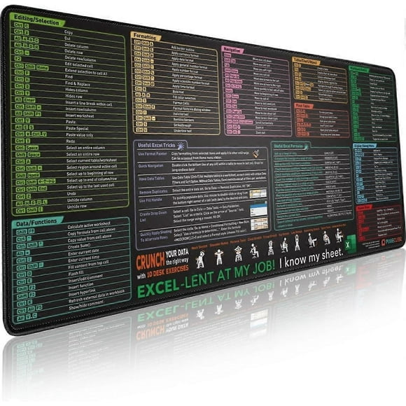 Excel Shortcut Keys Mouse Pad - Extended Large XXL Cheat Sheet Gaming Mousepad | PC Office Spreadsheet Keyboard Mat | Non-Slip Stitched Edge