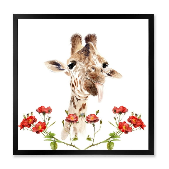 Designart 'Portrait of A Giraffe With Red Flowers I' Farmhouse Framed Art Print