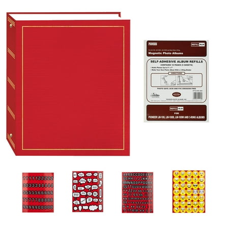 Red Pioneer Scrapbook Pioneer LM100/W 100 Page Magnetic 3-Ring Album (Red) + Refill Pages + Scrapbooking Stickers 4 Pages of Emojis, Quotes, Letters & Numbers ()