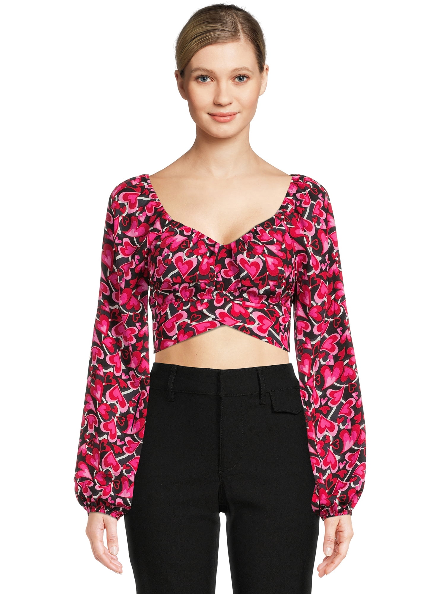 Madden NYC Women's Juniors Cropped Tie-Back Blouson Sleeves Top