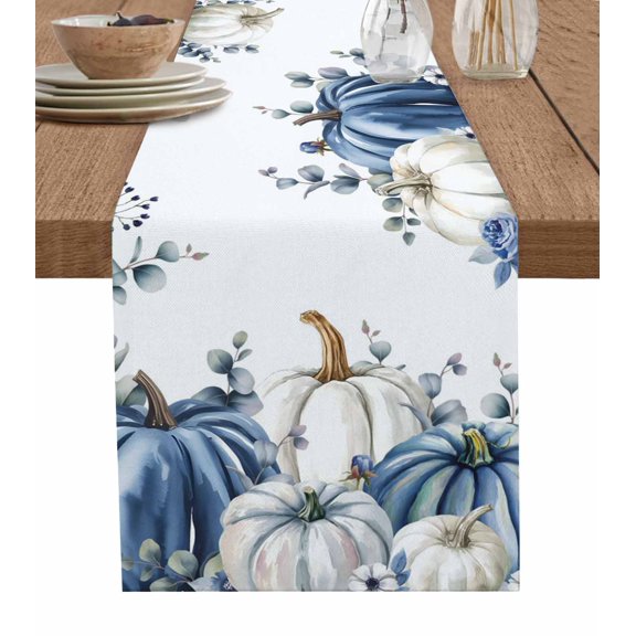 Table Runner 108 Inches Long for Kitchen Dining, Blue White Pumpkins Dresser Scarf Farmhouse, Dining Table Decorations for Wedding/Parties, Thanksgiving Fall Blue Eucalyptus Leaves 13 x 108 In