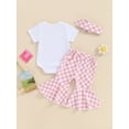 thumbnail image 3 of FEORJGP Infant Baby Girls Summer Outfit 3M 6M 12M 18M Newborn Short Sleeves Romper Crew Neck T-shirt Jumpsuit Letter Embroidery Bodysuit and Plaid Fladband Toddler Cute Sweet 3 Piece Clothes, 3 of 8
