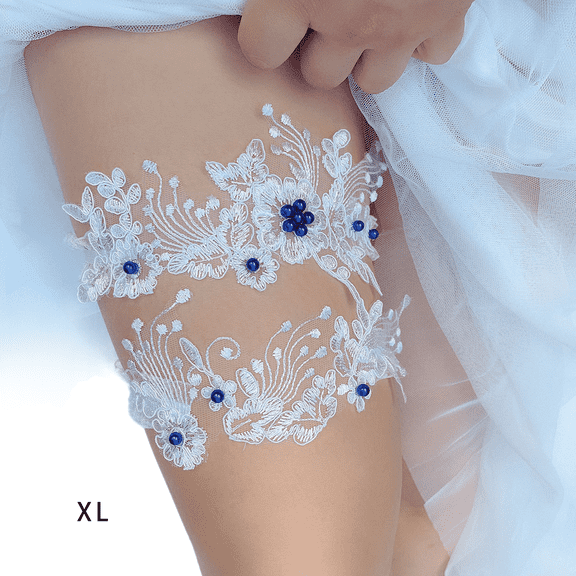 AUQ Garters for Bride,Romantic Blue Pearl Wedding Garter for Bride,Soft Lace Garter for Timeless Charm,Blue,XL