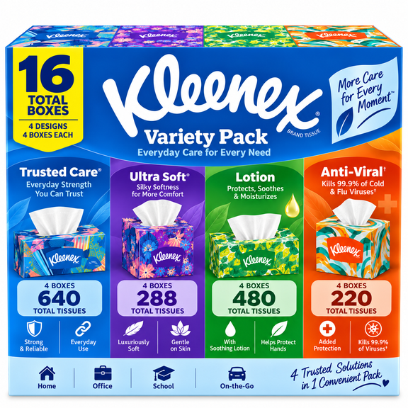 Kleenex Facial Tissues Variety Pack, 16 Boxes, Trusted Care, Ultra Soft, Soothing Lotion & Anti-Viral, Flat & Cube Tissue Boxes, 1,628 Tissues