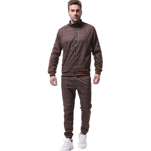 Men Jogging Suits Sets Mens Jogging Suit Tracksuit Plaid Print Zip Sweatshirt Top And Trouser Set