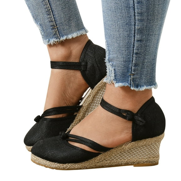 Mepaouo Womens Platform Wedge Sandals Espadrilles Raffia Closed Toe Ankle Strap Summer Beach Shoes