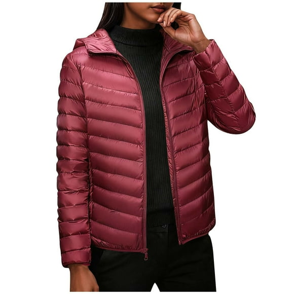 LMKIHUSA Winter Puffer Jackets for Women 2025 Fall Fashion Outfits Casual Light Quilted Coats Full Zip Loose Hooded with Pockets Wine,M
