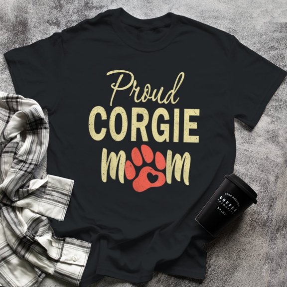 Proud Corgi Mom Mama Paw Print Heart Retro Puppy Dog lover, Small, Black