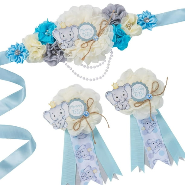 Set de faja de maternidad para baby shower con diseño de elefante, mamá y madre, color azul