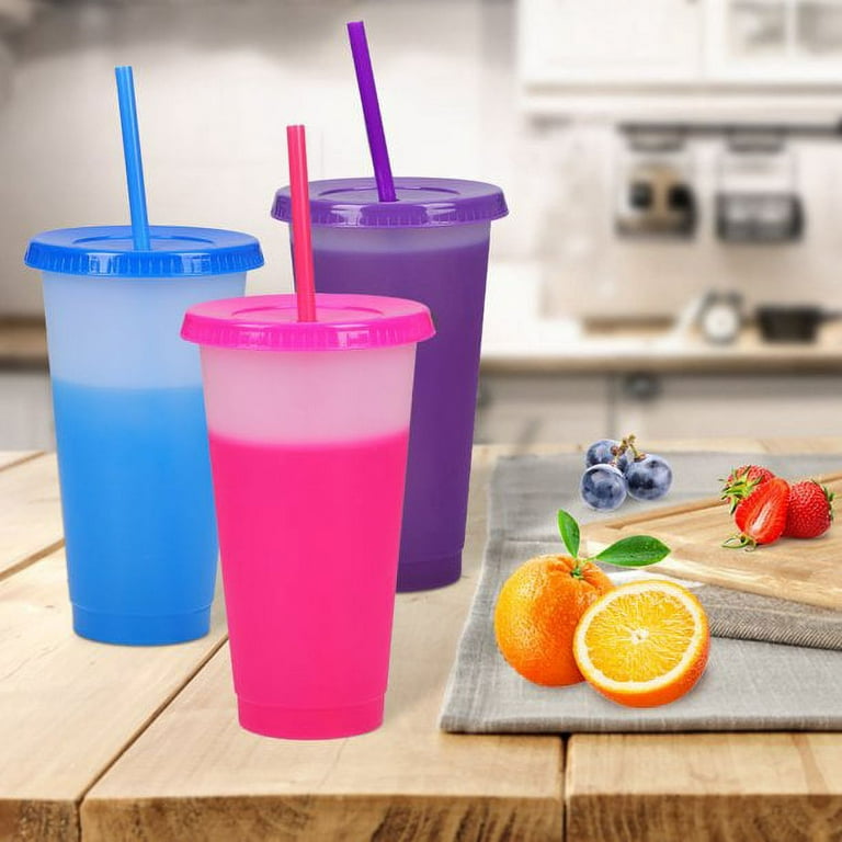 16 OZ Reusable Plastic Cups, 6 Pack Plastic Tumblers with Lids and Straws,  Color Changing Cups for Kids Adults, Cold Party Drinking Cups, Smoothie Cups  