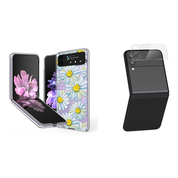 Bemz Premium Bundle for Samsung Galaxy Z Flip 3 5G: Slim Snap-On Protector Case (Daisies), Rear Camera Glass Protector