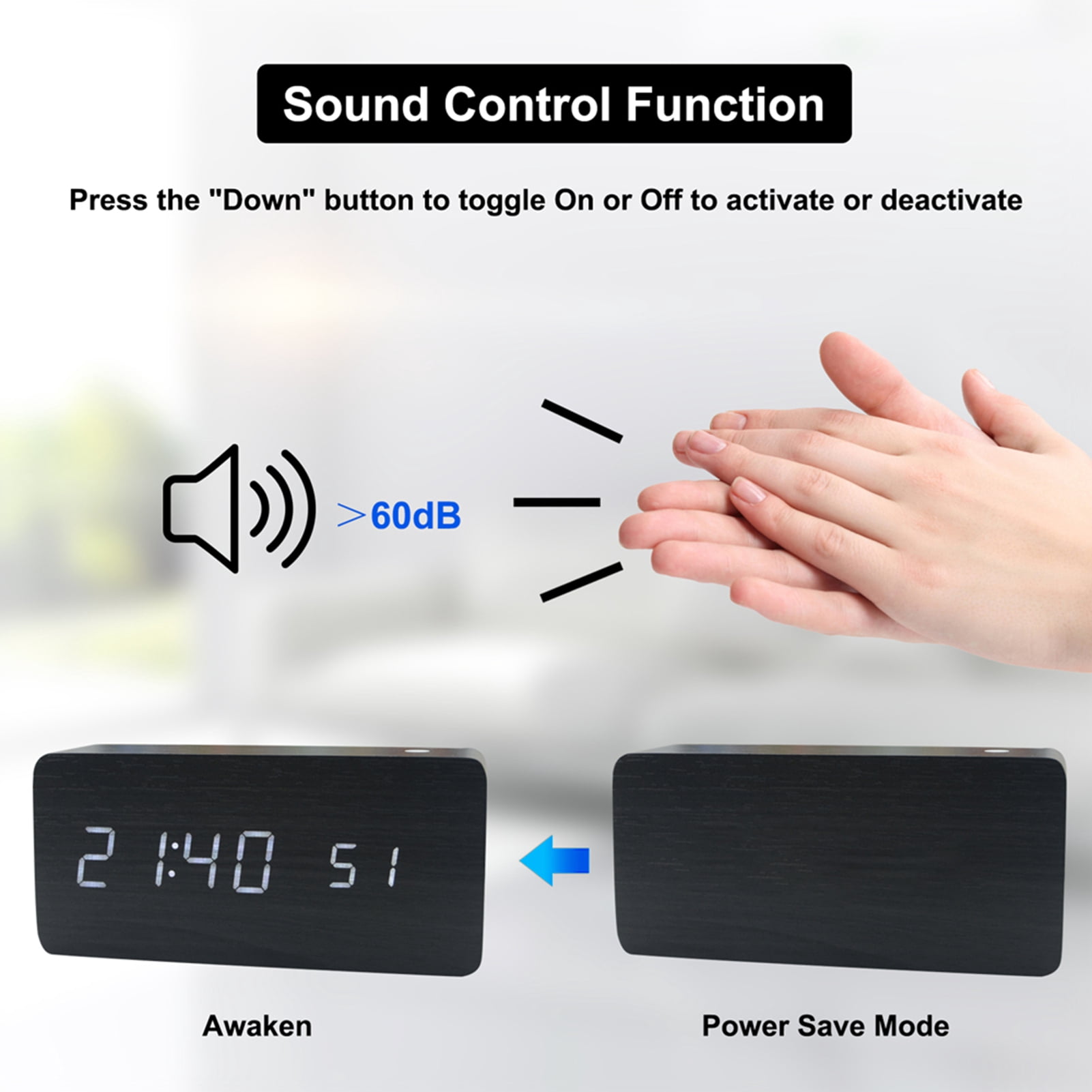 BIMZUC Wooden Digital Alarm Clock 8 Levels Adjustable Brightness LED Display Sound Control Date Temperature Display Minimalist Bamboo Design 5.9 inches