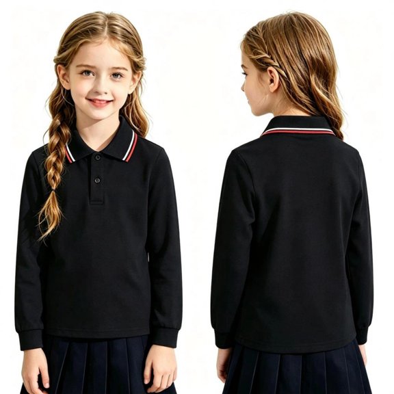 Garbnen Polo Shirts for Boy Girls Striped Quick Dry Long Sleeve Golf Shirt Teen Preppy Student Back To School Button Down Collared School Uniform Black