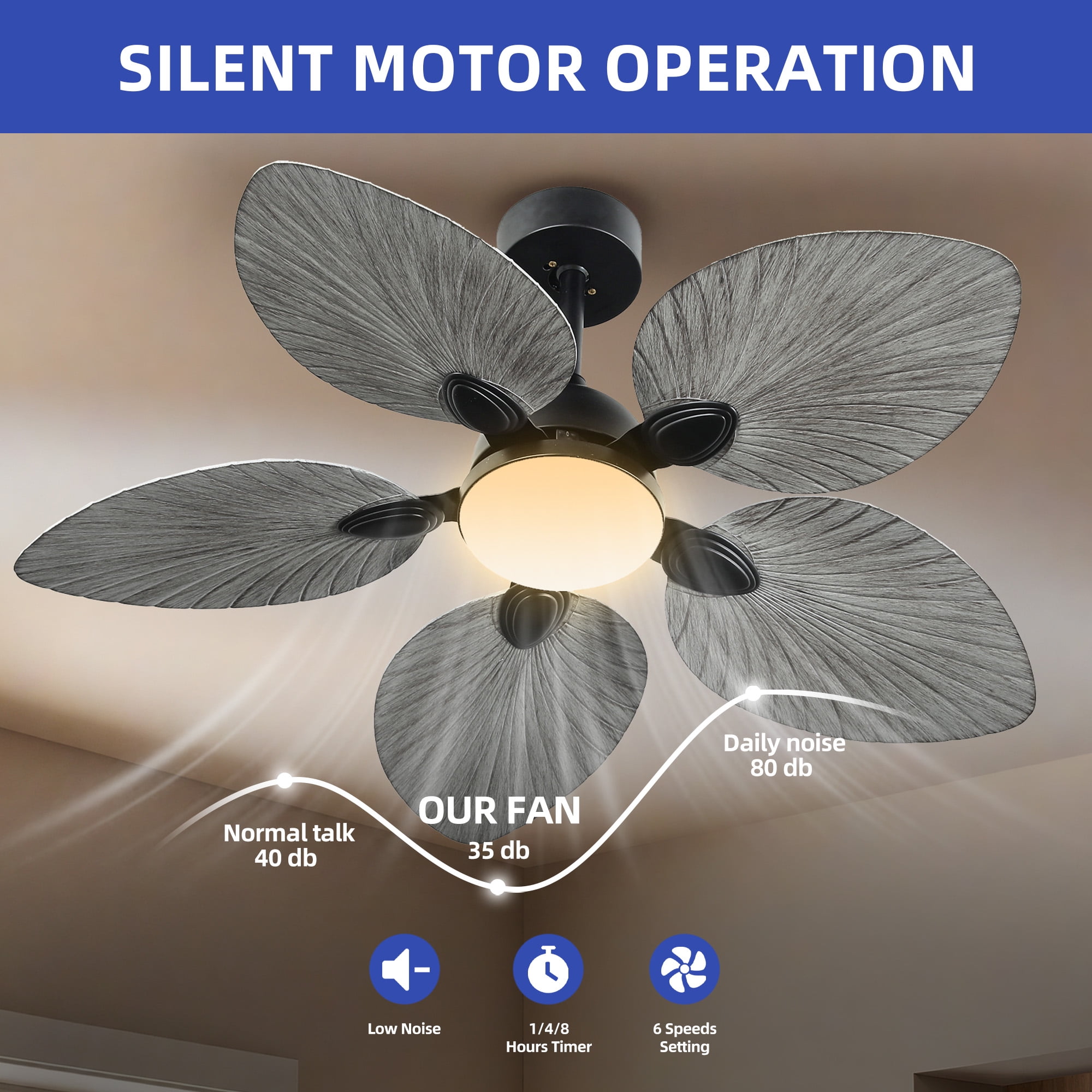 ModFusion 42" Tropical Palm Leaf Ceiling Fan with LED Light & Remote – Quiet DC Motor, 6-Speed, Reversible Airflow