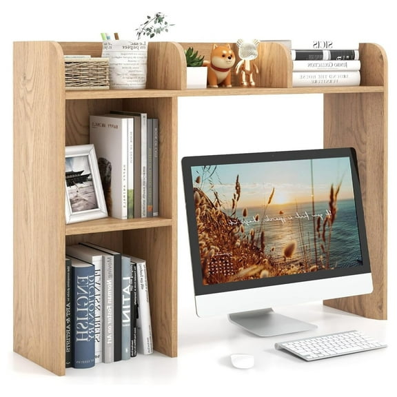 Desk Hutch, Countertop Storage Organizer with 5 Shelves, 3-Tier Display Rack for Computer Desk, Multipurpose Wood Hutch Organizer, Desktop Bookshelf for Dorm, Office, Home, Natural