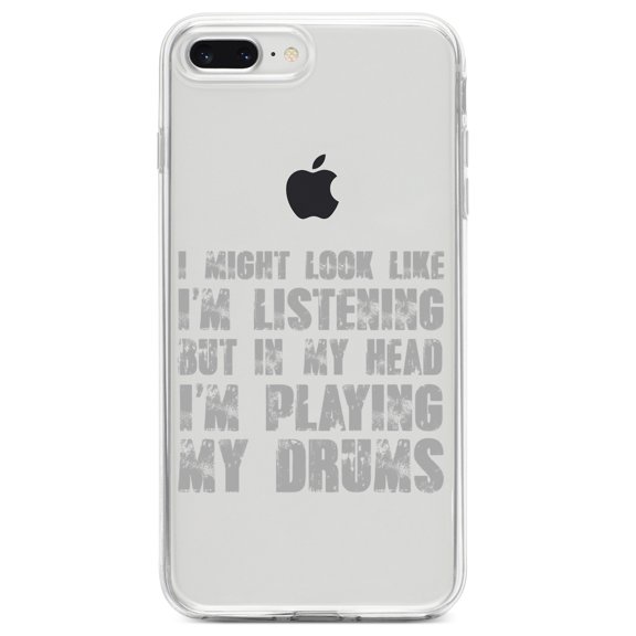 DistinctInk Clear Shockproof Hybrid Case for iPhone 7 PLUS / 8 PLUS (5.5" Screen) TPU Bumper Acrylic Back Tempered Glass Screen Protector - In My Head, I'm Playing Drums
