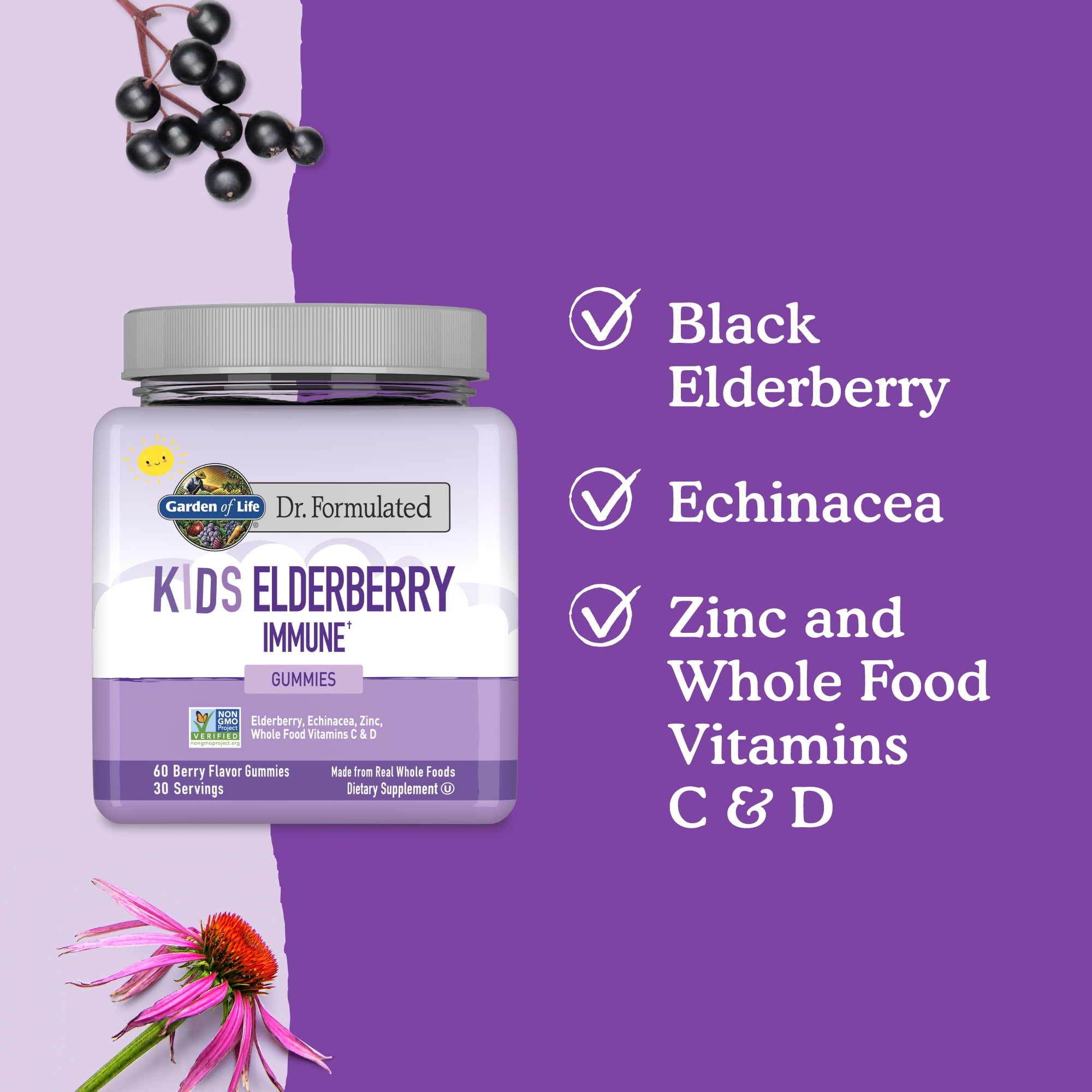 Garden of Life Dr. Formulated Kids Elderberry Immune Support Gummies, with Echinacea, Zinc, Vitamins C & D, 30 Servings
