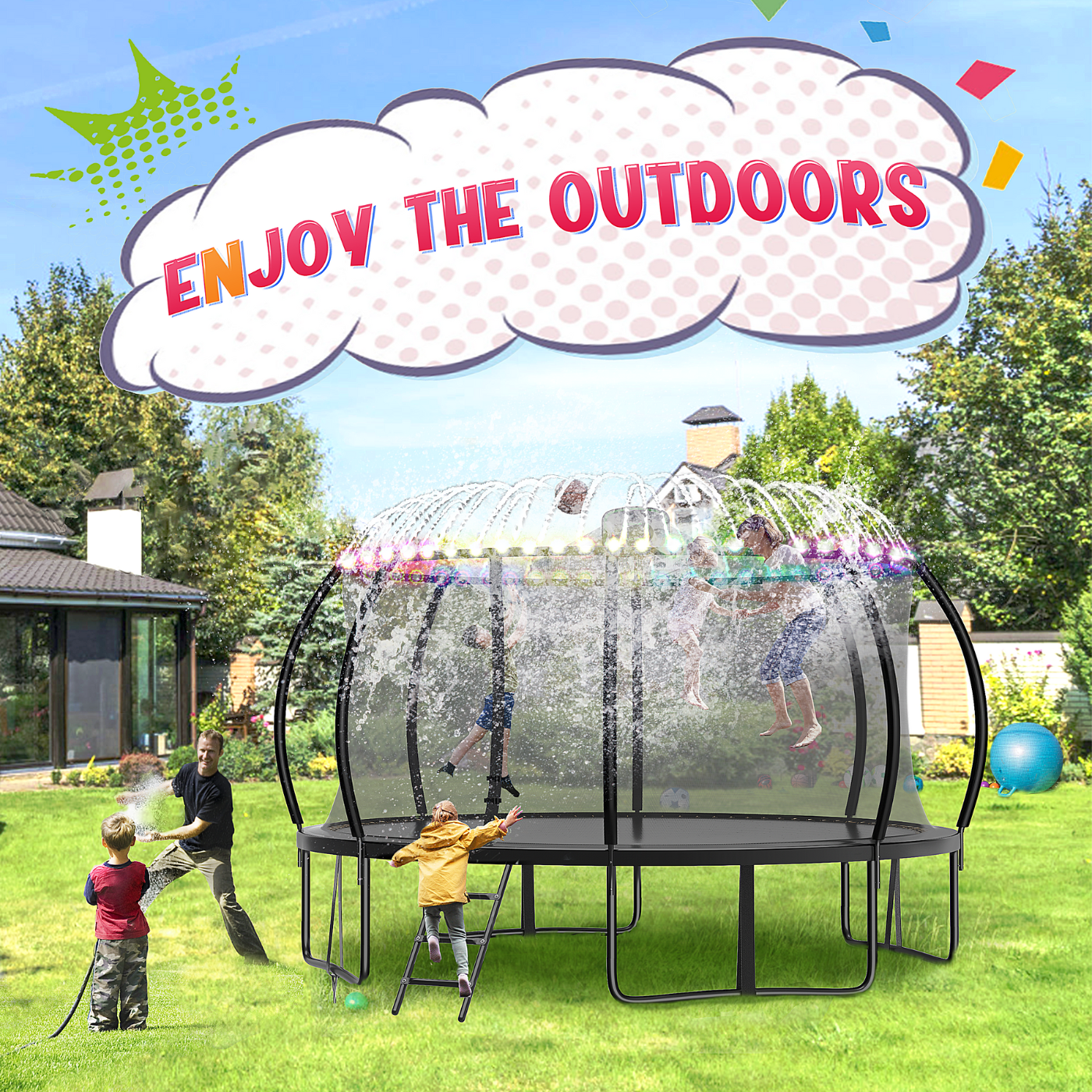 FIZITI 10FT 1000LBS Trampoline with Basketball Hoop for Kids,Pumpkin Outdoor Trampoline with Enclosure Net,Sprinkler,Light,Socks,Ladder, Recreational Backyard Trampoline Capacity for 3-4 Kids