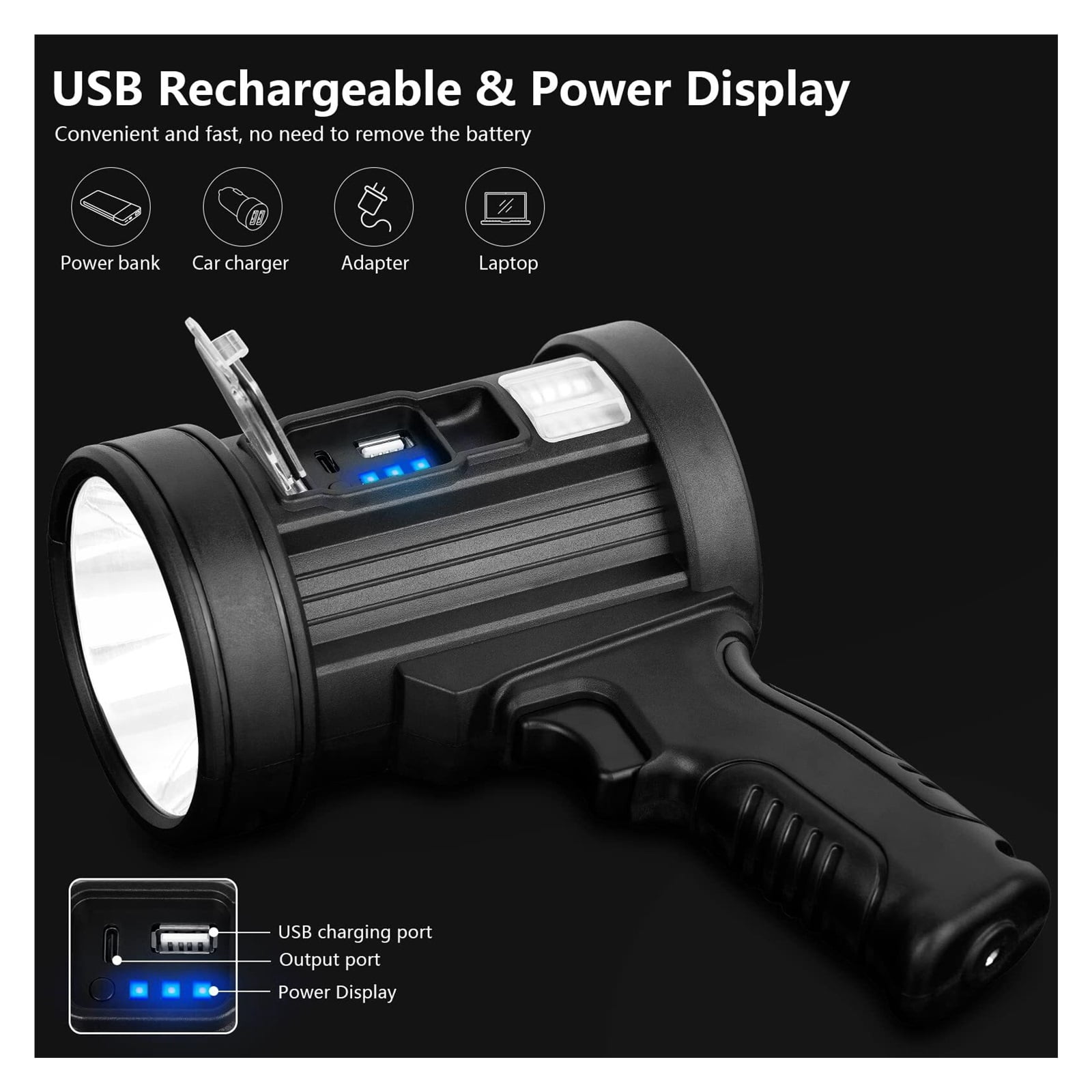 Rechargeable Spotlight, 1000,000 Lumens Handheld Hunting Flashlight Led Spot Light with Cob Light and Solar Panels, Lightweight and Super Bright Spotlight for Hunting Boating Camping