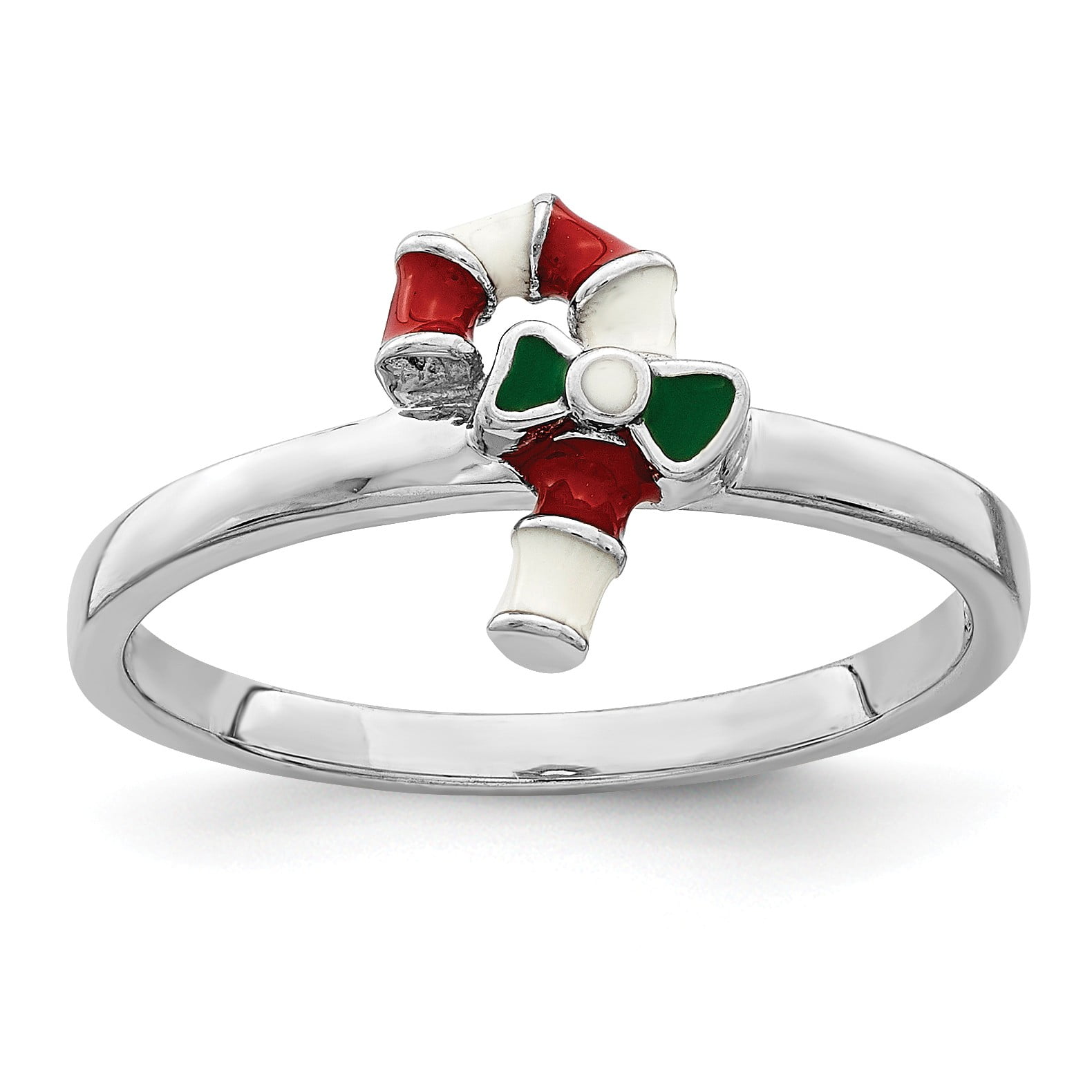 Sterling Silver Rhodium-plated Childs Enameled Candy Cane Ring - Size 3