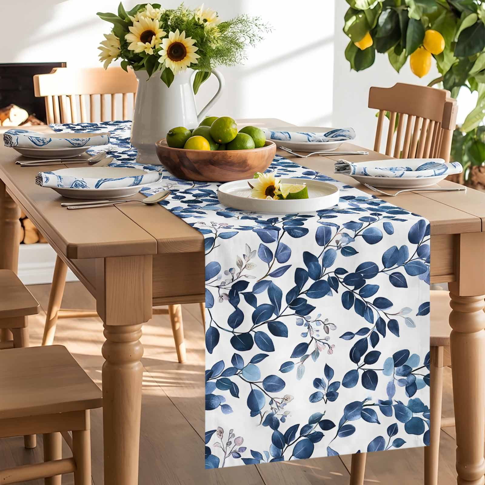 Pastoral Eucalyptus Leaves Table Runner 90 Inches Long, Navy Blue Botanical On White Table Runners Tabletop Scarf Kitchen Dining Tables Decoration for Home Party Indoor Outdoor