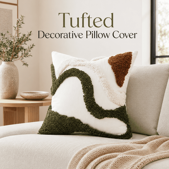 MORAVE 18x18 Inch Boho Embroidered Throw Pillow Covers, Textured Mid Century Pillow Cases Olive Green & Cream for Sofa Couch Bedroom
