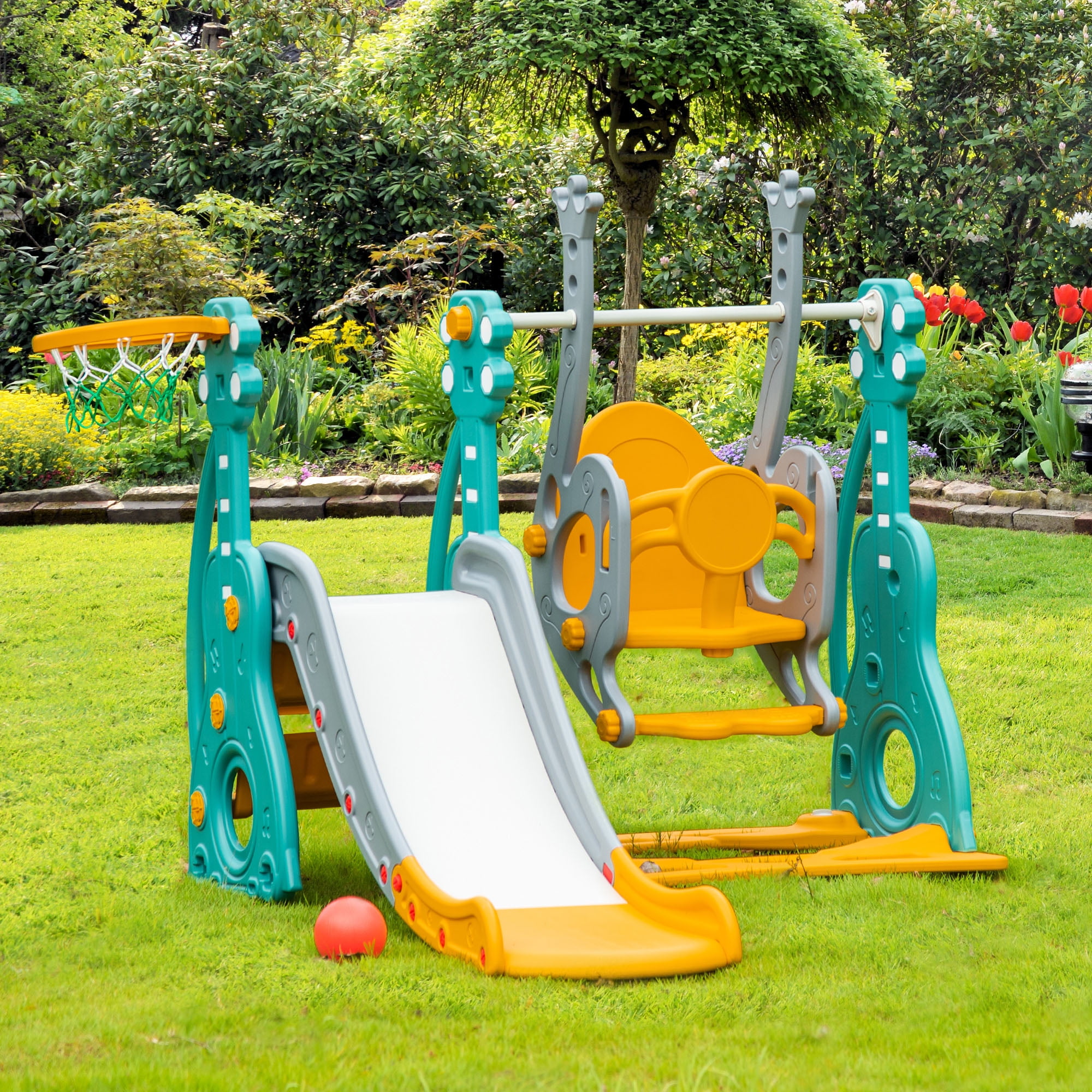 EUROCO Kids Playground Climber Slide Playset with Slide,Drawing Whiteboard And Storage Space,Baby Swing Set for Indoor Outdoor Backyard