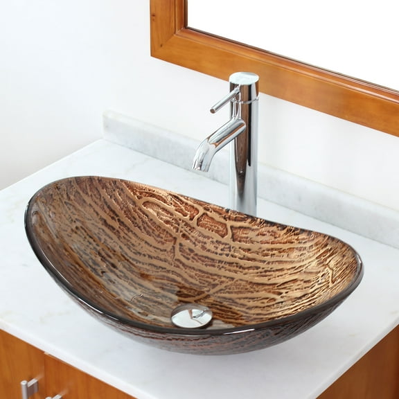 Elite Handcrafted Tree Bark Pattern Tempered Glass Bathroom Vessel Sink with Chrome Pop-up Drain and Mounting Ring - 1212 P01008C